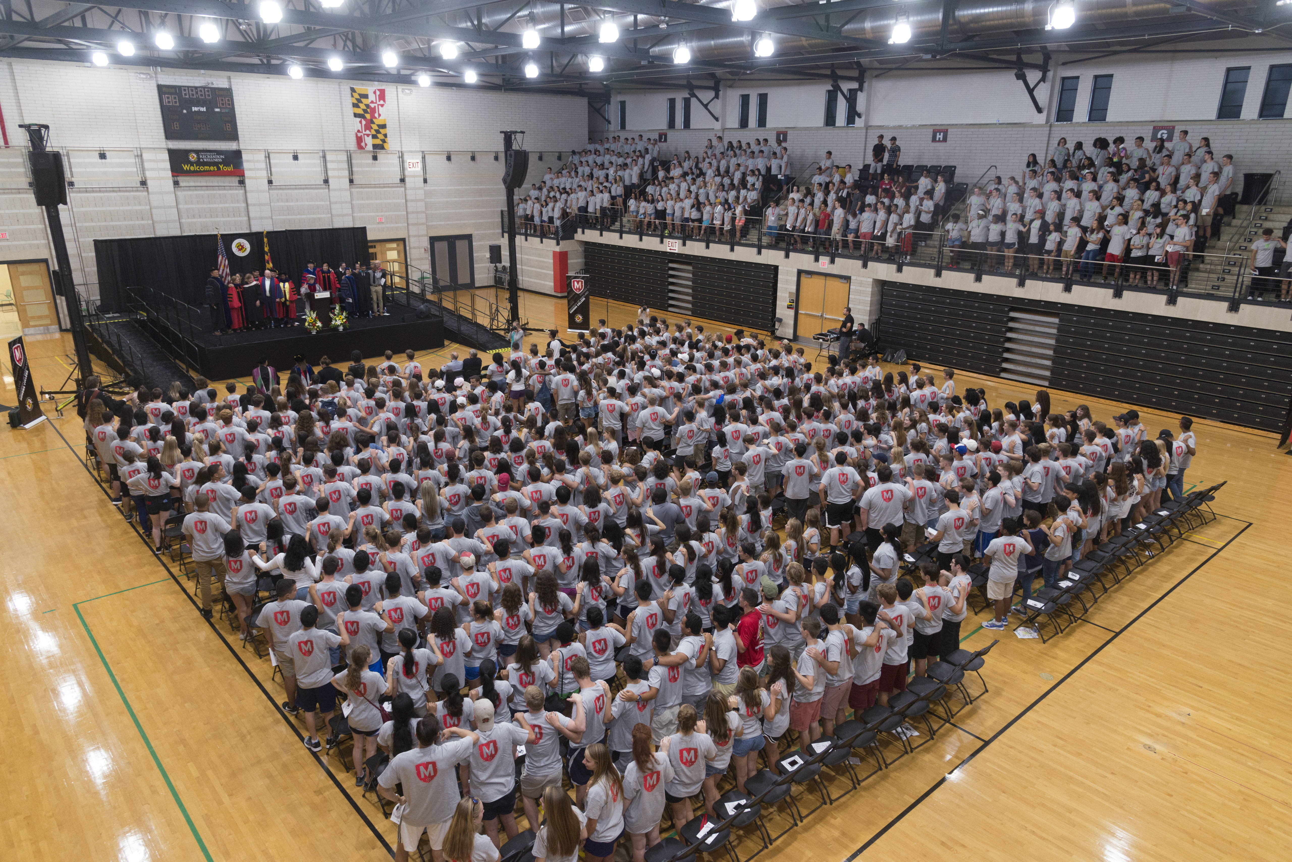 aerial view of past ceremony with rows of students