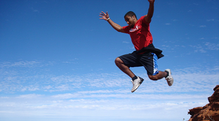 Student jumping in the air